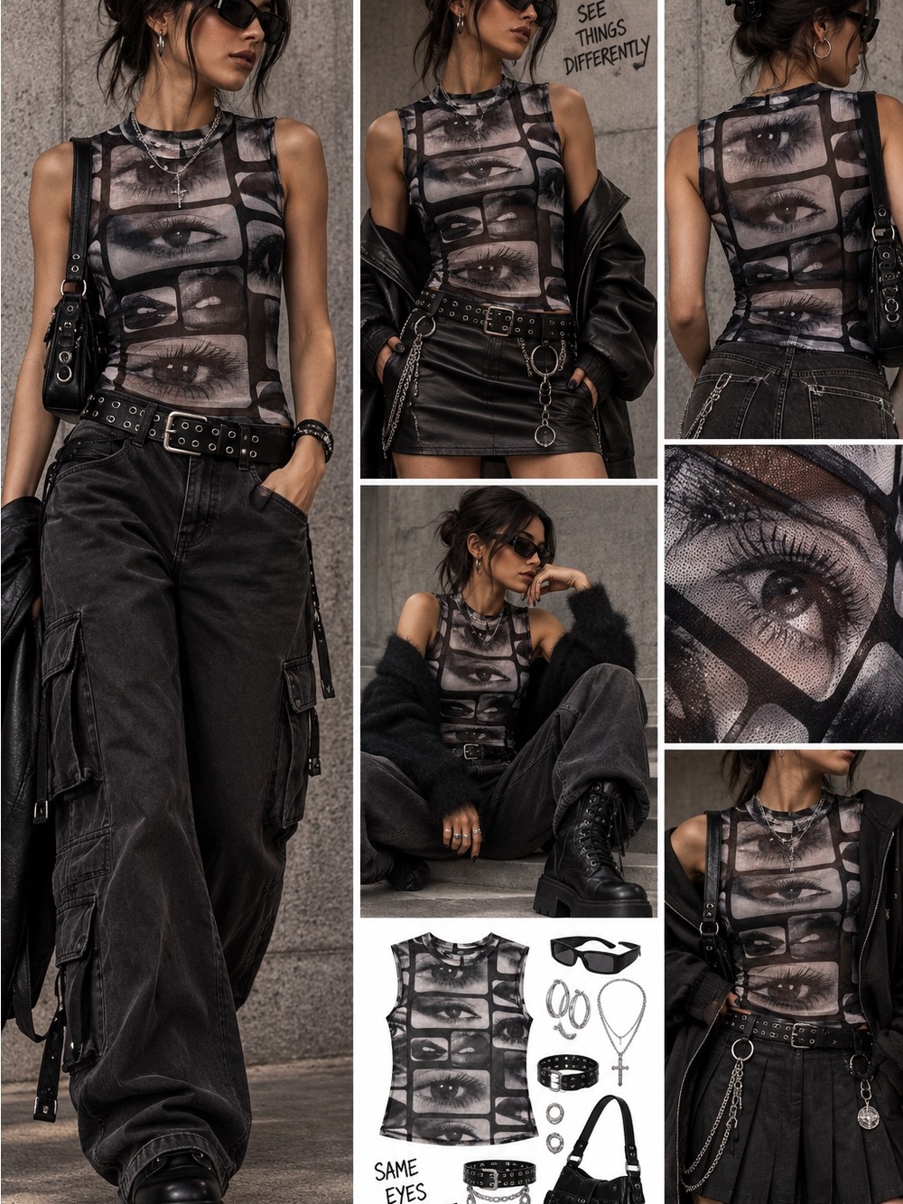 ALL Eyes on ME Sleeveless Sheer Mesh Eye-Print Tank Top - Black